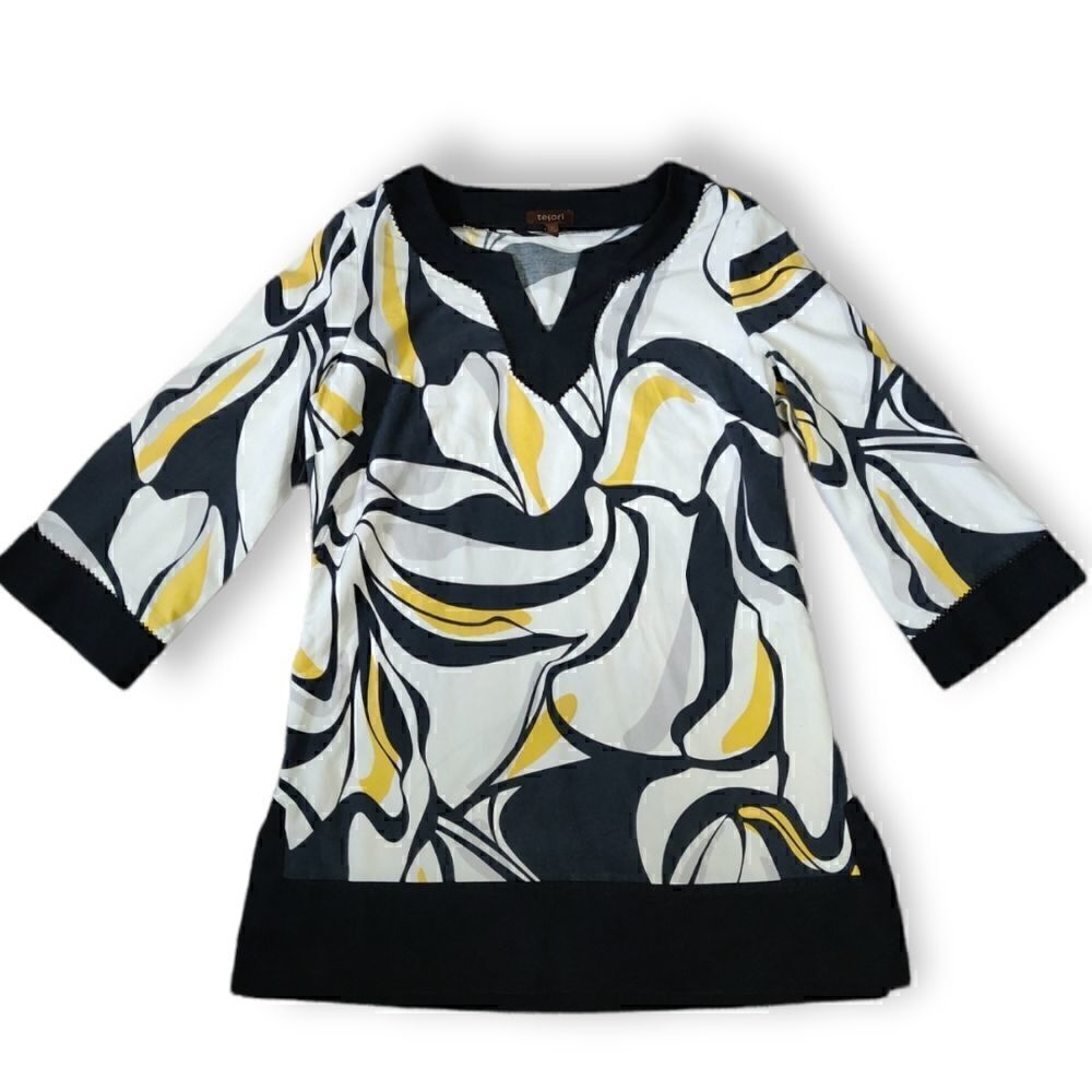 😍 TESORI SILK COTTON ABSTRACT YELLOW BLACK GRAY PRINT 3/4 SLEEVE TUNIC TOP SZ M